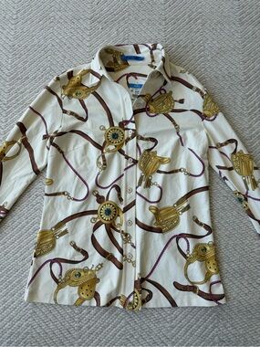 NWT J. McLaughlin White Gold Brown Equestrian Button Down Top xS